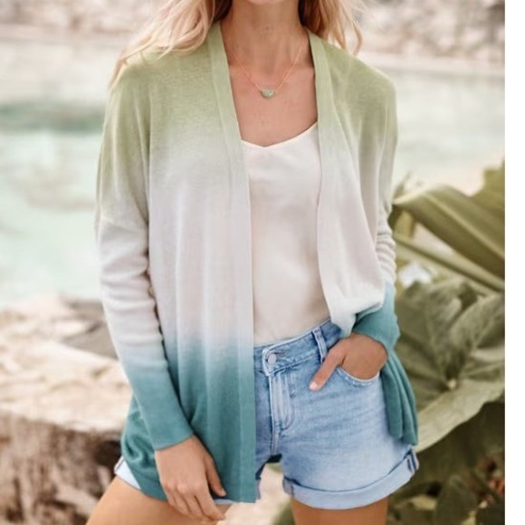 Garnet Hill Sweaters - Garnet Hill Blue Green Ombre 100% Linen Open Front Cardigan Long Sleeve Size M